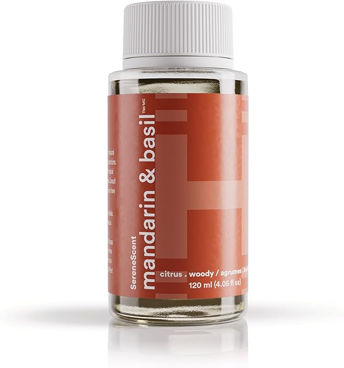 Homedics SereneScent Waterless Diffuser Oil Refill — Mandarin Basil (120ml). Bright & Refreshing Home Fragrance. Compatible with SereneScent Diffusers. Easy Twist Plug & Play