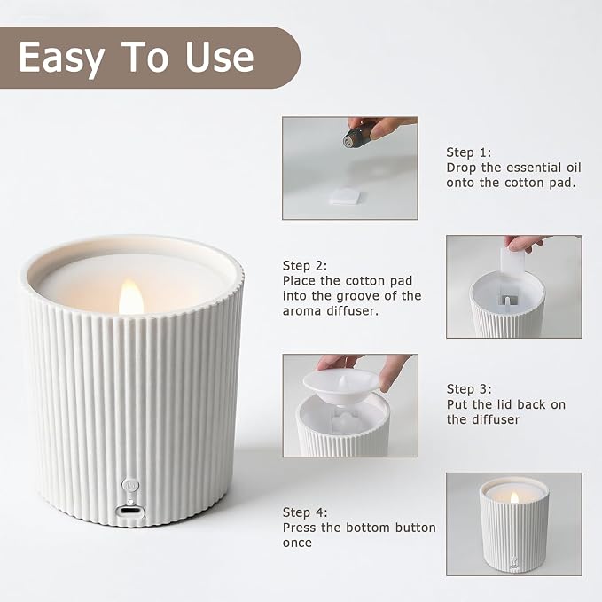 Waterless Essential Oil Diffuser,LED Candle Diffuser with Rechargeable,Wireless Candle Waterless Diffuser,3D Wick and Realistic Candle Flame Diffuser with 12PCS Cotton Pads(with Battery)
