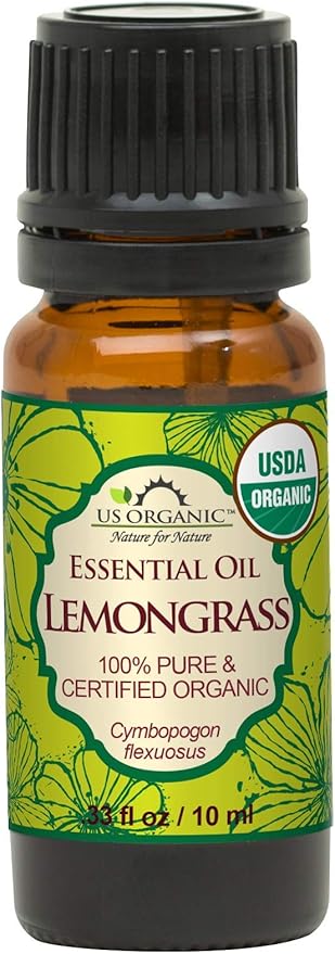 US Organic 100% Pure Lemongrass Essential Oil, USDA Certified Organic, Extracted by Steam Distillation Method, for Hair, Nail Polish Remover, Bees Attraction, and More. 10 ml