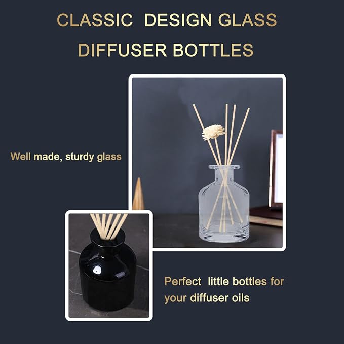 HOSSIAN 2 Clear Glass Diffuser Bottles 2 Black Diffuser Bottles -with Natural Reed Sticks Use for DIY Replacement Reed Diffuser Sets (Clear+Black)