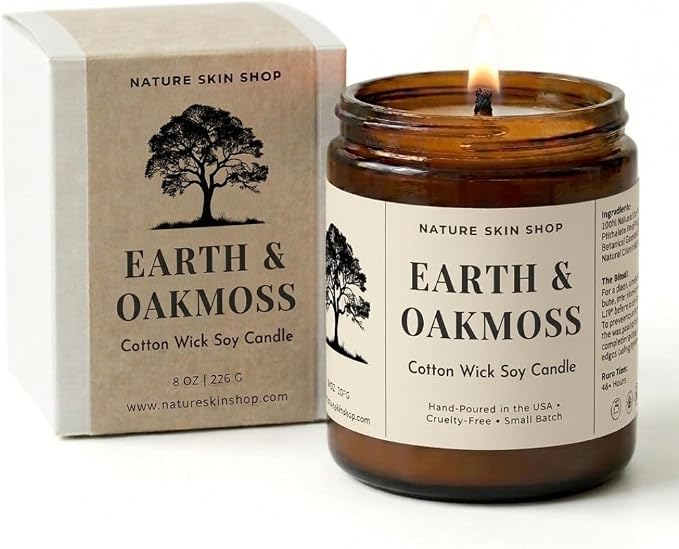 Nature Skin Shop Earth and Oakmoss Artisan Soy Candle Woodsy Aromatherapy Home Fragrance Vegan Cotton Wick 8 oz