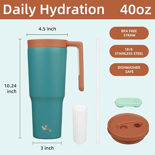 Konokyo Insulated Tumbler with Handle and Straw,40 OZ Vacuum Stainless Steel Water Bottle Travel Mug Metal Cup with Fruit Diffuser,Lake Blue
