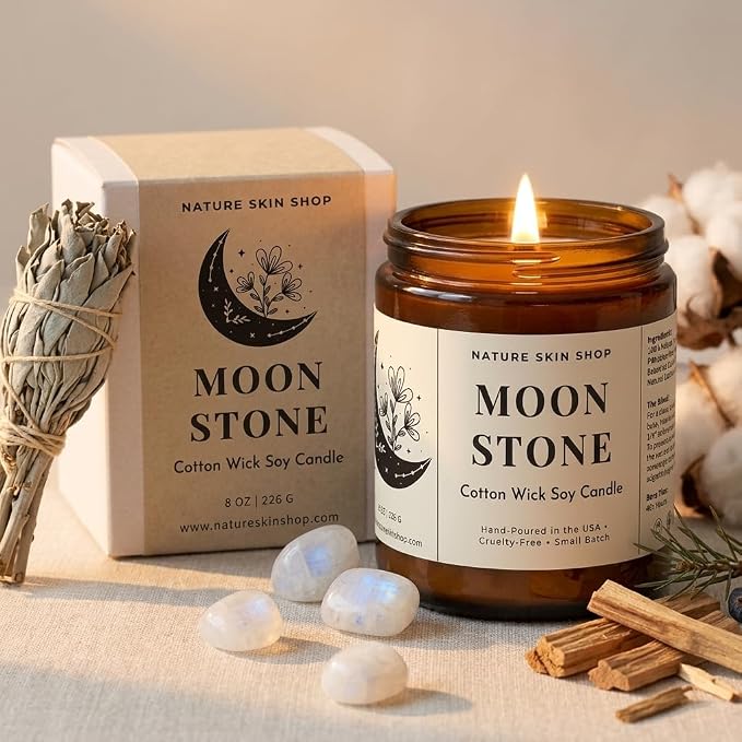 Nature Skin Shop Moonstone Artisan Soy Candle Night Blooming Jasmine and Sandalwood Aromatherapy Home Fragrance Vegan Cotton Wick 8 oz