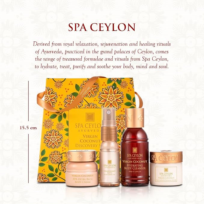 Spa Ceylon Ayurveda Virgin Coconut Discovery Set – 4-Piece Natural Body & Hair Gift Set – Body Cleanser, Ultra-Rich Body Cream, Hair Oil & Face Body Scrub, Cold Pressed Ceylon Coconut