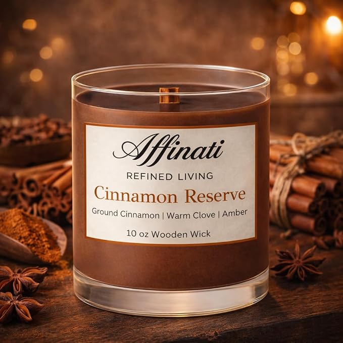 Affinati Cinnamon Reserve Scented Candle, 10 oz Wooden Wick Tumbler Jar – Highly Fragrant Rich Holiday Spice Aromatherapy, Kitchen Soy Gift