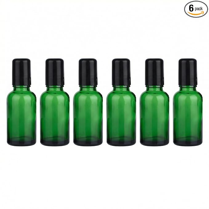 erioctry 6PCS 30ml Empty Portable Green Glass Roll on Bottles With Stainless Steel Ball and Black Cap For Perfume Essential Oil Roller Bottles Vial Container Pot Jar Attar Bottle