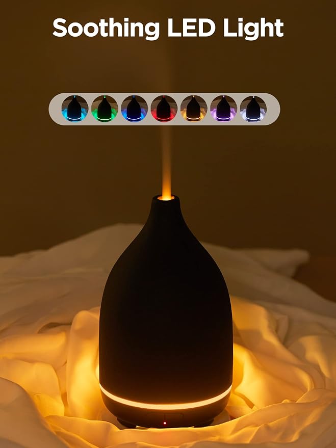 InnoGear Oil Diffuser, 150ML Ceramic Diffuser for Essential Oils Handcrafted Aromatherapy Diffuser Mother's Gift Ultrasonic Cool Mist Humidifier with 2 Mist Modes Waterless Auto Off for Home, Black