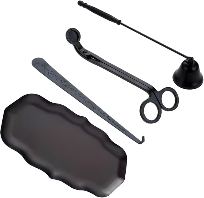 MUXSAM Candle Accessory Set Gift Box, Exquisite Wave Storage Tray Plate, Candle Wick Trimmer, Bell Candle Wick Snuffer, Candle Wick Dipper, 4-in-1 Candle Care Toll Kit for Scented Candle Lover, Black