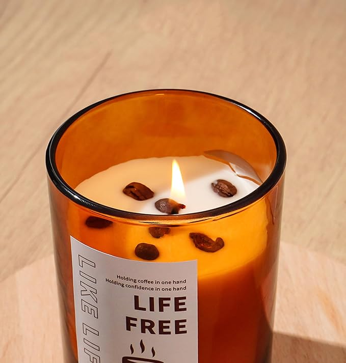 Natural Coffee Scented Candle in Orange Glass,Real Beans Inside! Smokeless Soy Wax Aroma Candle Gift for Coffee Lovers,Home Bedroom Decor,Wedding Props,Aromatherapy Must-Have