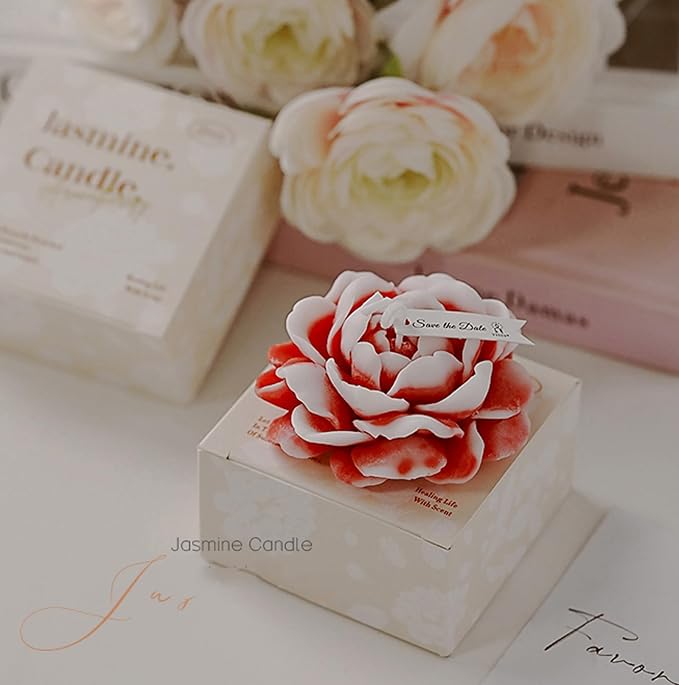Jasmine Flower Shape Scented Candle,50G Multicolour Romantic Soy Wax Aesthetic Decorative Healing Candle for Valentine's Day Wedding Birthday,Prefect Gift for Meditation Stress Relief Mood (Red)