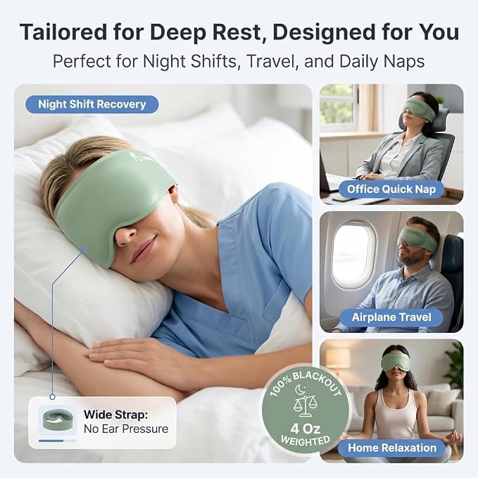 3D Contoured Weighted Sleep Mask: Full Coverage Eye Mask for Night Shift Workers, Blackout Eye Cover Design - Soft Memory Foam, Daytime Nap Gadget After Late Hours, Bedroom and Night Use
