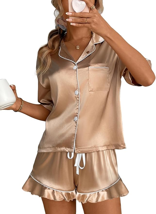 CHYRII Women's Silk Satin Pajamas Two Piece Pj Sets Short Sleeve Tops Ruffled Shorts Sleepwear with Magnetic Diffuser