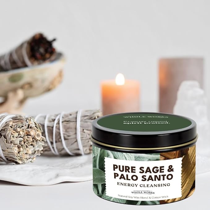 Premium Candle for Energy Cleansing – Natural Soy Wax Blend, Cotton Wick, Phthalate Free Scent, Scented Candles for Home Smudging, House Spiritual Protection, 6oz (Pure Sage & Palo Santo)
