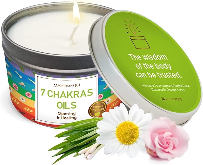 MAGNIFICENT 101 7 Chakra Energy Cleansing Aromatherapy Tin Candle with Chakra Oils - 6 Oz Orange Soy Wax - 35 Hr Burn - Healing Candle for Meditation & Manifestation