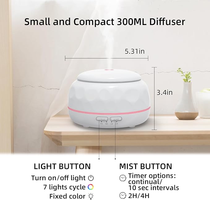 SPLITSKY 300ML Essential Oil Diffuser with 7-Color LED Light, Remote Control, Quiet 8-Hour Operation, Aromatherapy Diffuser for Small Rooms, Offices,Home(White), 300MLCGB