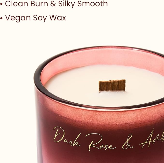 M&SENSE 9.9oz Natural Soy Wax Jar Candle with Wooden Wick | Dark Rose Amber Scent | 55-Hour Burn & Long-Lasting Burn | Housewarming Gift for Men and Women