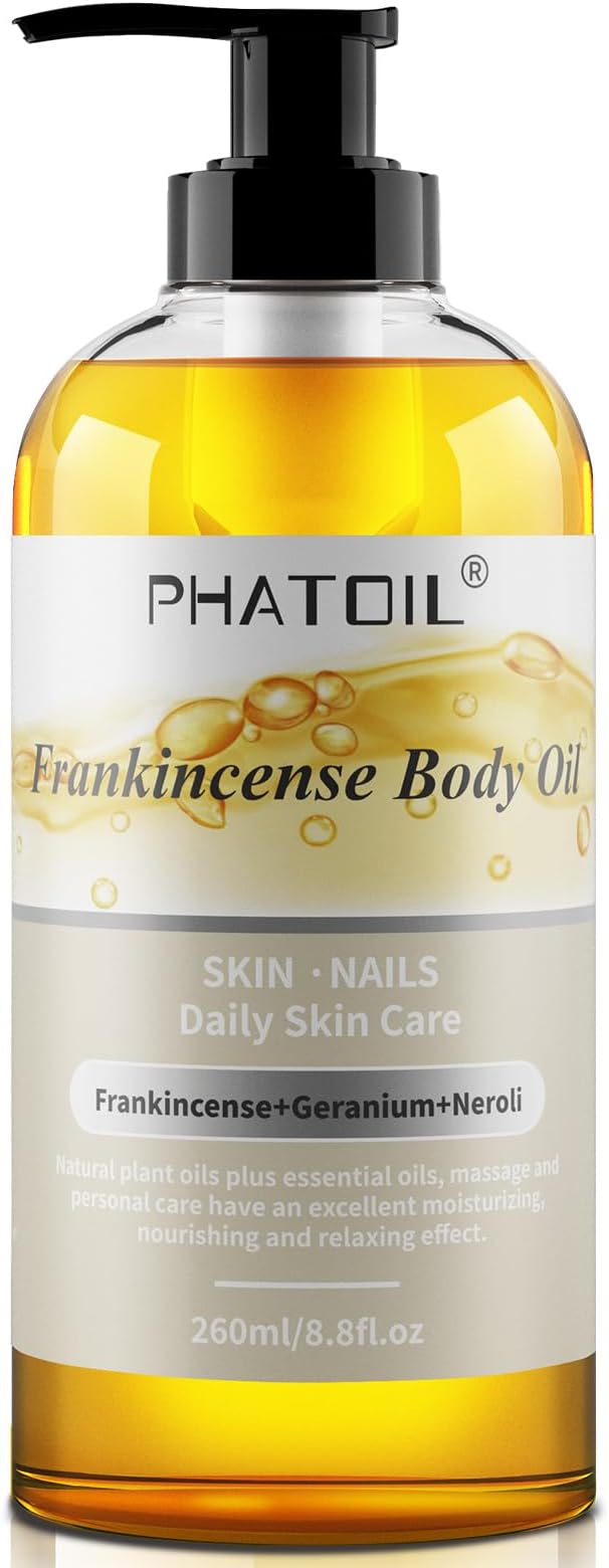 PHATOIL Frankincense Body Oil 8.8 FL.OZ, 260 ml Moisturizing Massage Oil Skin Oil with Pump, Body Oils for Men and Women Skincare, Blends of Natural Plant Oils and Essential Oils, Frankincense Oil