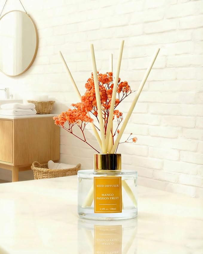Reed Diffuser Set-Mango &Passion Fruit Scent Fragrance Oil Diffuser with 6 Reed Sticks | Home & Bedroom Bathroom Decor,3.38 fl oz (100ml)