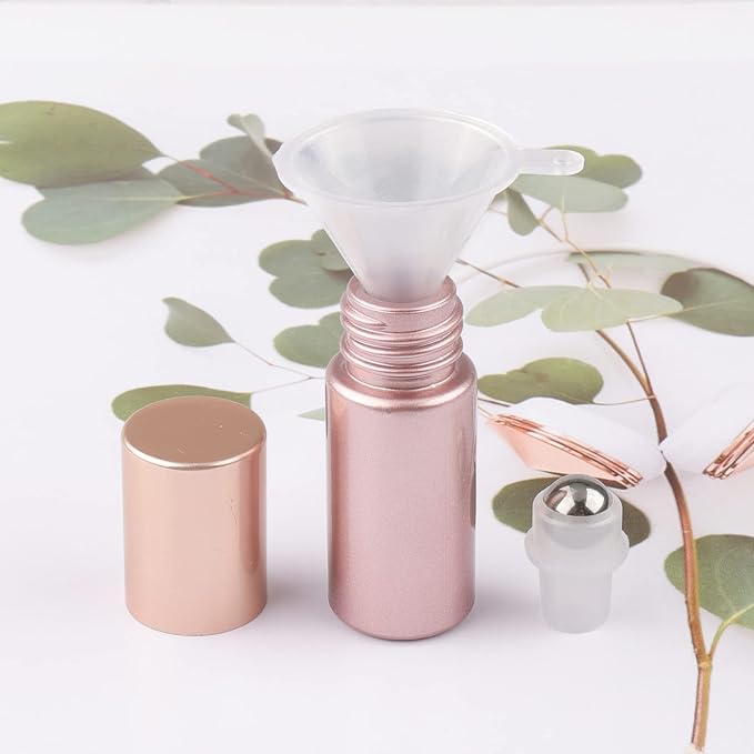 10Pcs 5ml Glass Roller Bottles for Essential Oils, 1/6 oz Refillable Roll on Vials with Funnels, Mini Containers with Stainless Steel Ball for Perfumes Aromatherapy Liquid, Matte Rose Gold