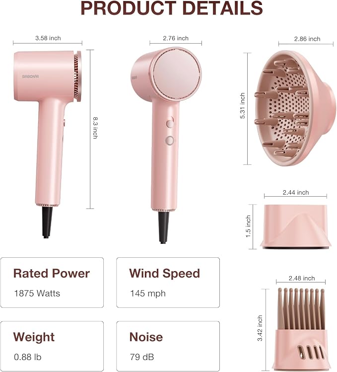 BABONIR Hair Dryer, 110,000 RPM High-Speed Brushless Motor for Fast Drying, 1875W Plasma Blow Dryer with Comb, Diffuser & Concentrator, 550 Million Ionic Hairdryer, Low Noise, for Travel, Salon, Pink