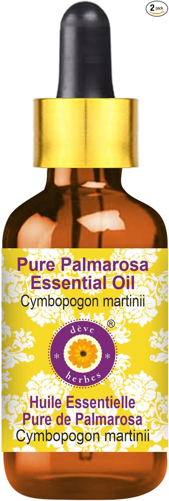 Deve Herbes Pure Palmarosa Essential Oil (Cymbopogon martinii) with Glass Dropper Steam Distilled 50ml (1.69 oz)