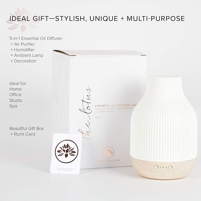 Sacred Lotus Love Ceramic Essential Oil Diffuser – Ultrasonic Aroma Diffuser with Wood Base, Ambient LED Light and Timer Settings