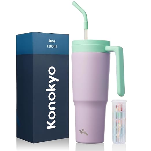 Konokyo Insulated Tumbler with Handle and Straw,40 OZ Vacuum Stainless Steel Water Bottle Travel Mug Metal Cup with Fruit Diffuser,Purple