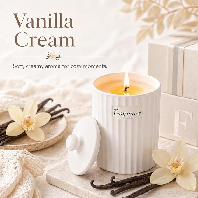 Viyffo Women Scented Candle - Vanilla Cream, Small 6.35oz Non Toxic Soy Candle, Matte White Ceramic Jar, Luxury Home Fragrance, Elegant Room Decor & Premium Birthday Gift Perfect for Friends