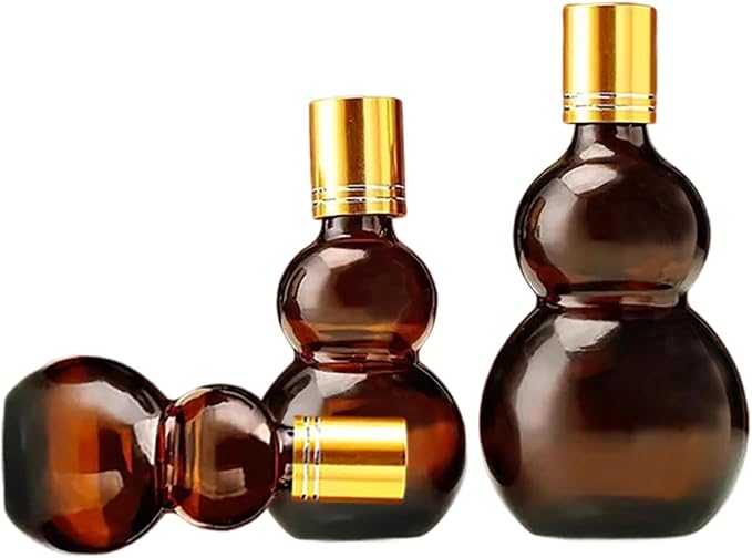 Essential Oil Roller Bottles, Amber Gourd Shaped Glass Roller Bottles with Stainless Steel Roller Ball, for Travel,Perfume (Amber-Gold Cap, 10ML)