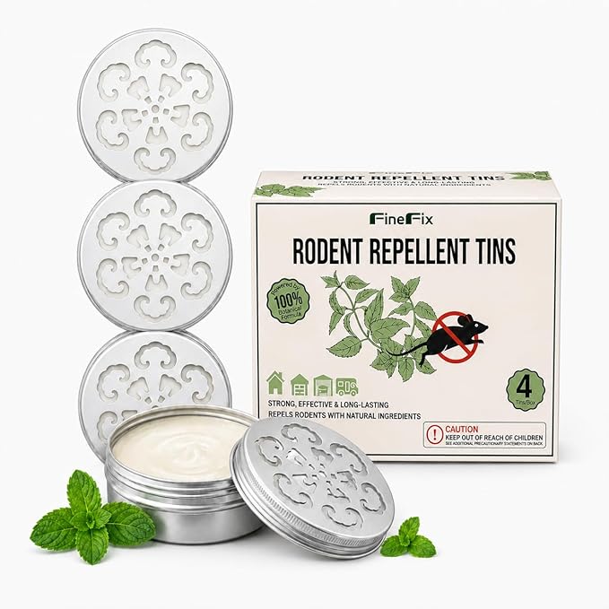 FineFix Peppermint Oil Mouse Repellent 4 Pack, Rodent Repellent for Car Engines, Under Hood, Garages, RVs, Sheds & Storage Spaces, Adhesive Backing, Fresh Mint Scent Helps Keep Mice and Rats Away