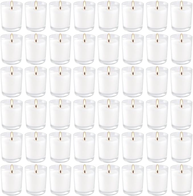 YOROXRG 48 Pack White Unscented Clear Glass Filled Votive Candles. Hand Poured Wax Candle Ideal Gifts for Home Décor Parties Weddings Holidays and Meditation (White)