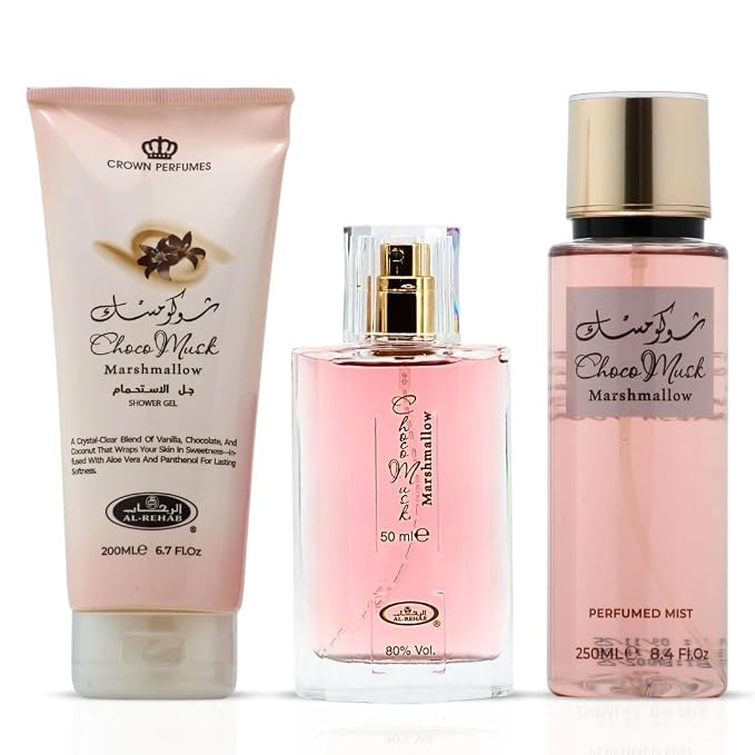 Al-Rehab Choco Musk Marshmallow 3-Piece Gift Set – Eau de Parfum 50ml + Shower Gel 200ml + Body Mist 250ml – Sweet Strawberry & Marshmallow Unisex Collection