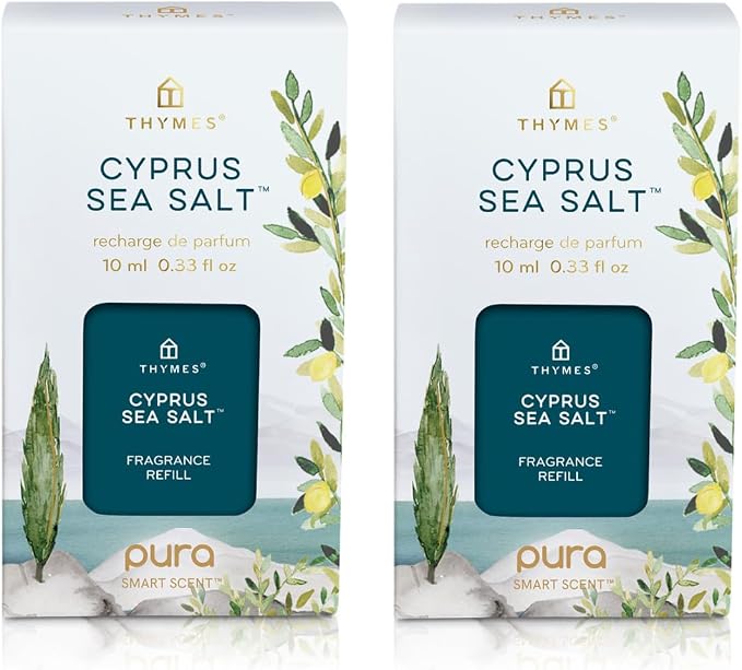 Thymes Pura Refills – 2 Pack of Oil Diffuser Scents – Long-Lasting Pura Diffuser Refills – Premium Home Fragrance – Notes of Rosemary, Sage, Lemon, Sea Salt & Jasmine (Cyprus Sea Salt, Pack of 2)