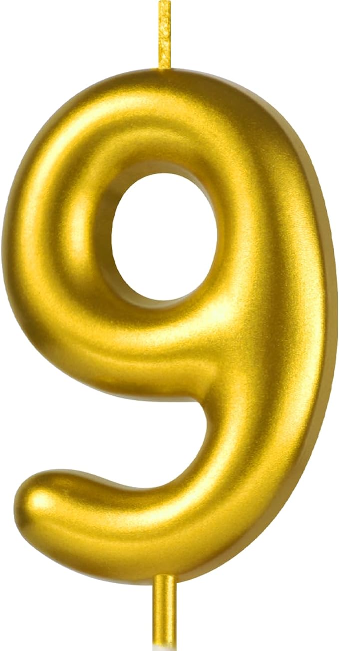 2.76“ Gold 3 Candle 9th Birthday Party Decorations, Nineth Birthday Candle Gold Number Candles for Nine Year Old Birthday Cake Decoration for Girls Boys, Number 9 Candle 9 Cake Topper for Cakes