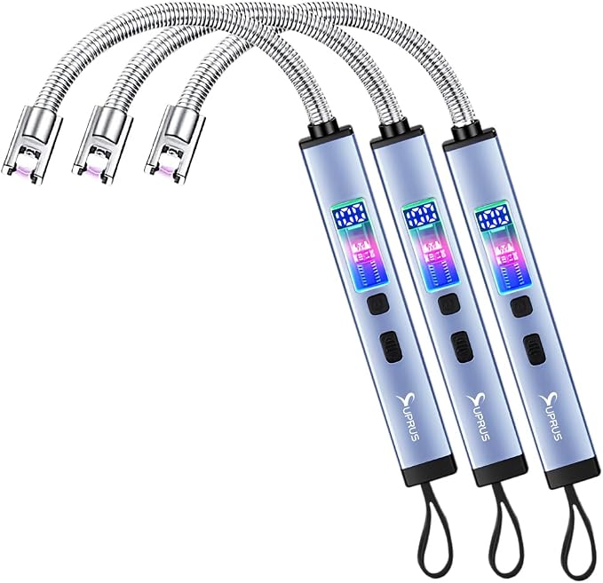 SUPRUS Electric Candle USB Type C Rechargeable 360° Flexible Neck Lighter with Upgraded LED Battery Display Safety Switch Flameless Plasma Windproof (Blue, 3Packs)