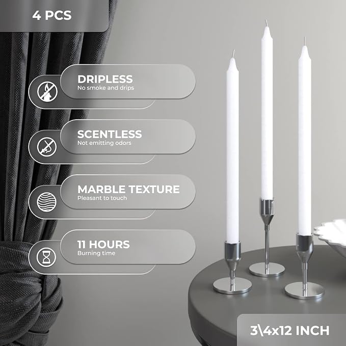 CANDWAX White Taper Candles Pack of 4 - Slow Burning Dripless Unscented Straight Candles 12 inch - Ideal for Dinner Table - Smokeless Long Candlesticks
