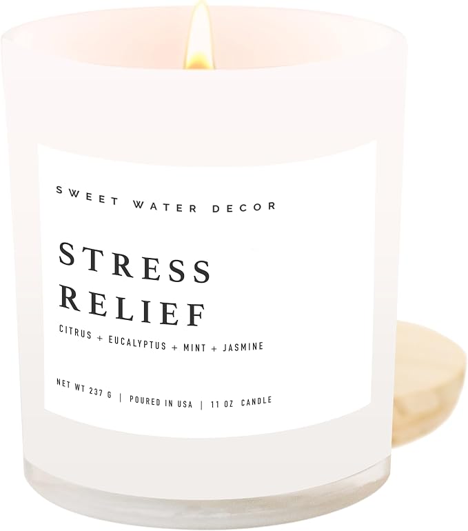 Sweet Water Decor Candles | Spa Scented Soy Wax Candle for Home | 11oz Jar Candle with Wood Lid, 50+ Hour Burn Time, Made in the USA (Stress Relief, White - 11 oz)
