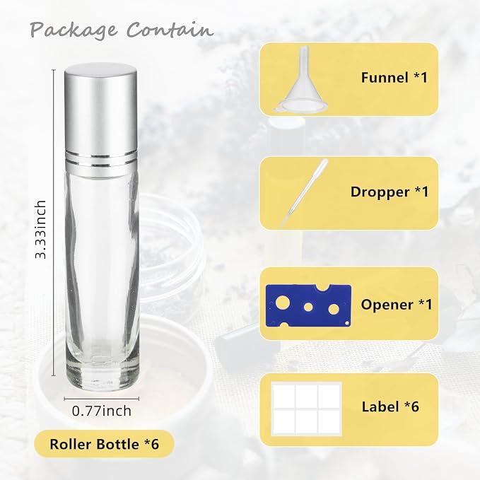 10ML Essential Oil Roller Bottles, 6 Pack Clear Oil Roller Bottles for Essential Oils, Roll on Bottle with Stainless Steel Balls(6 Labels, Opener, Funnel, Dropper Included)