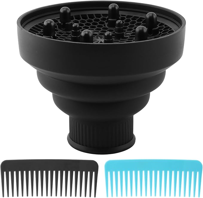 Universal Collapsible Hair Dryer Diffuser, Travel Hair Dryer Diffuser Attachment with Comb, Portable Hairs Diffusers Blow Dryers Attachment for Natural Thick Hairs(Black)