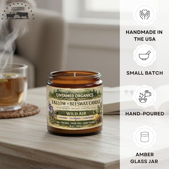 Untamed Organics Grass-Fed Tallow Candle, Essential Oil Scented (Lavender Eucalyptus Cedarwood), No Synthetic Fragrance, Non-Toxic, 100% Cotton Wick, Hand Poured, 8 oz Amber Glass Jar, 50+ Hr Burn