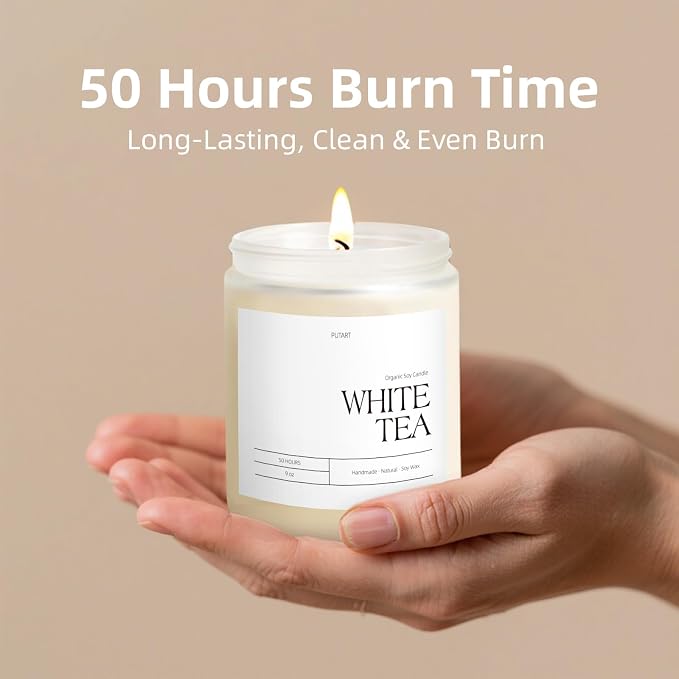 White Tea Candles for Home Scented, Natural Soy Wax Aromatherapy Non Toxic Scented Candle, Handmade Highly Scented & Long Lasting Jar Candle for Stress Relief, Relaxation, Holiday Gifts (9oz)