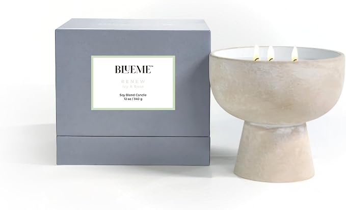 Blueme Renew Candle | Ivy & Rose | 3 Wick - Refillable Wellness Candle with Essential Oils, Hand Finished & Poured Soy Wax Blend Ceramic Vessel, Natural Cotton Wicks | Medium 12 oz