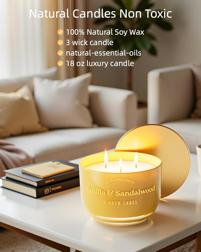 Hidden Label Vanilla Sandalwood Scented Candle, 18oz Large 3 Wick Natural Soy Wax Candle, 70 Hours Burn Time Non Toxic Aromatherapy Candle for Home, Luxury Home Décor & Gift for Women