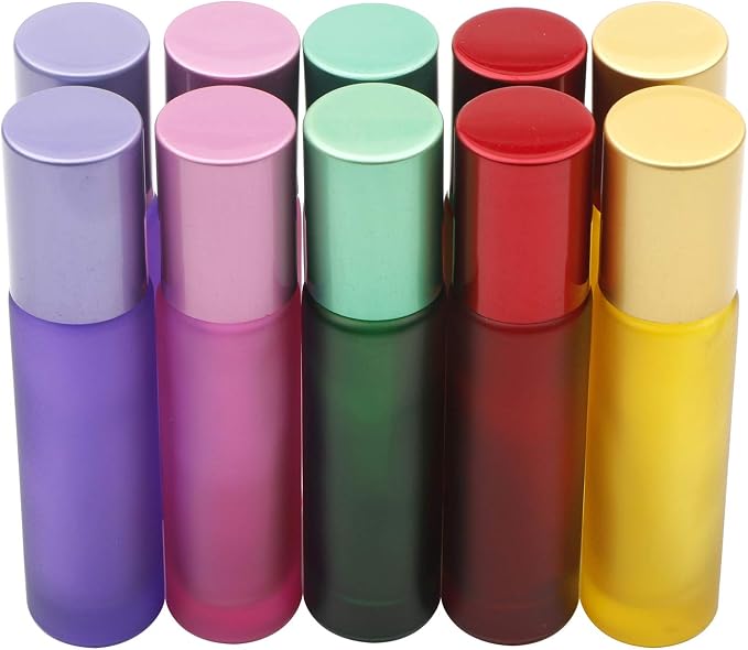 Kesell 10 Pack - 5 Color 10ml Frosted Glass Roller Bottles Roll On Bottles with Stainless Steel Ball for Essential Oils, Aromatherapy, Perfume Containers