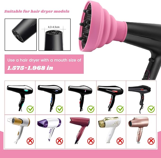 Universal Collapsible Hair Dryer Diffuser, Travel Hair Dryer Diffuser Attachment with Comb, Portable Hairs Diffusers Blow Dryers Attachment for Natural Thick Hairs(Pink)