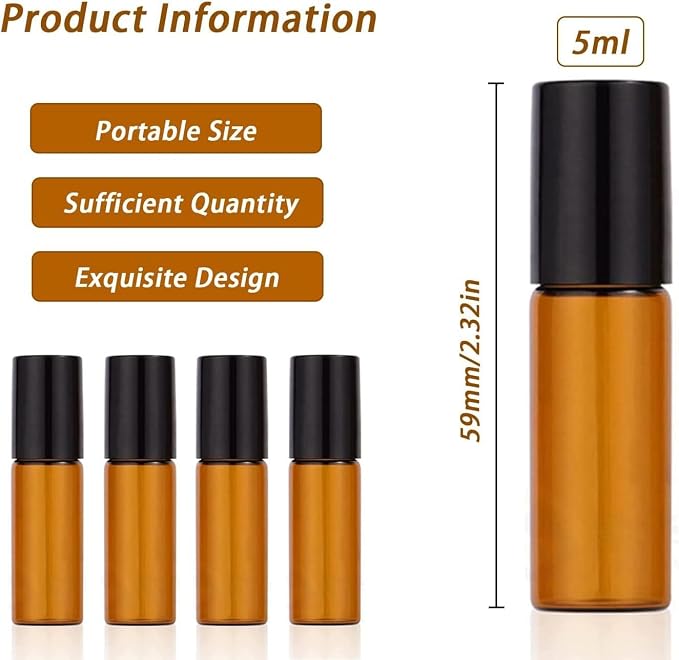 4-Pack 5ml Amber Glass Roller Bottles with Black Metal Roller Balls – Empty Refillable Essential Oil Roll On Bottles for Aromatherapy, Perfume, DIY Blends & Travel Use