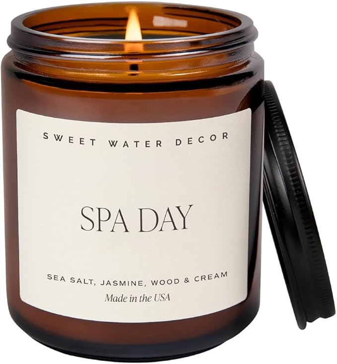 Sweet Water Decor Spa Day Soy Candle | Sea Salt, Jasmine, Wood and Cream Scented Candles for Home | 9oz Amber Jar + Black Lid, 40+ Hour Burn Time, Made in the USA