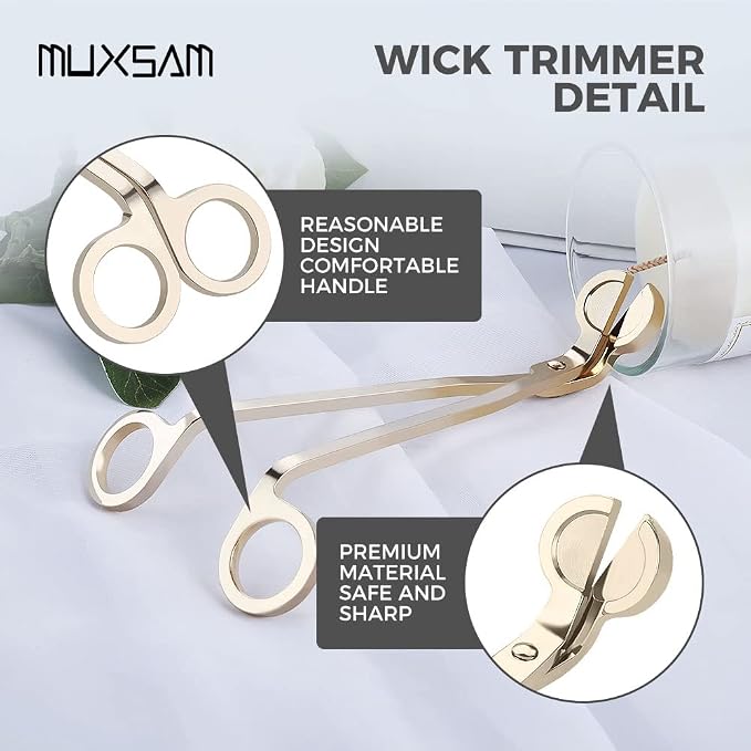 MUXSAM Candle Wick Trimmer, Wick Cutter, Steel Candle Scissor, Wick Clipper, Candle Shear Candle Care Tool for Scented Candle Lovers Gifts, Safely Remove Cut Wick Reduce Soot, Gold