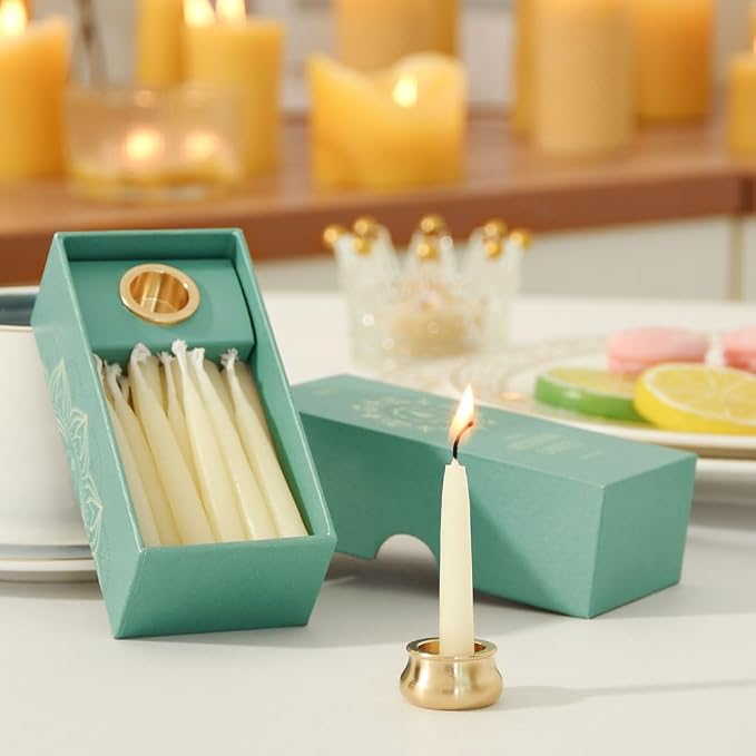 20-Minute White Pure Beeswax Candles, Dripless Meditation Candles, Mini Taper Candles with Brass Candle Holders, Set of 20