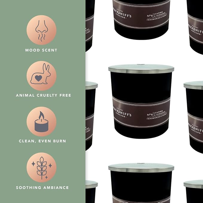 Pecksniffs Black Leather & Oakmoss Scented Candle | 1 Wick, 184g/6.49oz